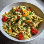 A bowl of delicious pasta salad with chicken, cherry tomatoes, and fresh parsley, perfect for summer gatherings.