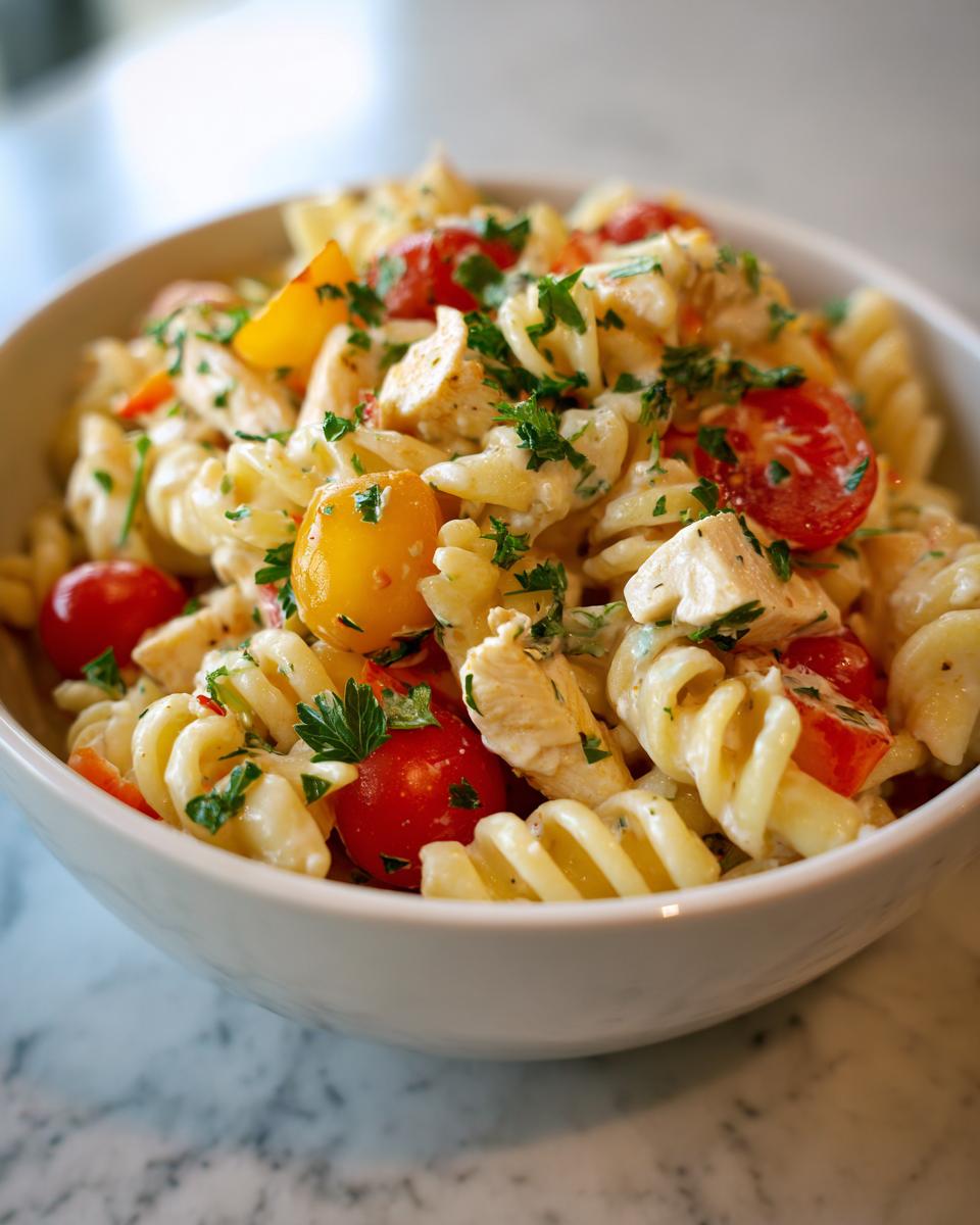 A close-up of a bowl filled with delicious pasta salad with chicken, cherry tomatoes, and fresh parsley.