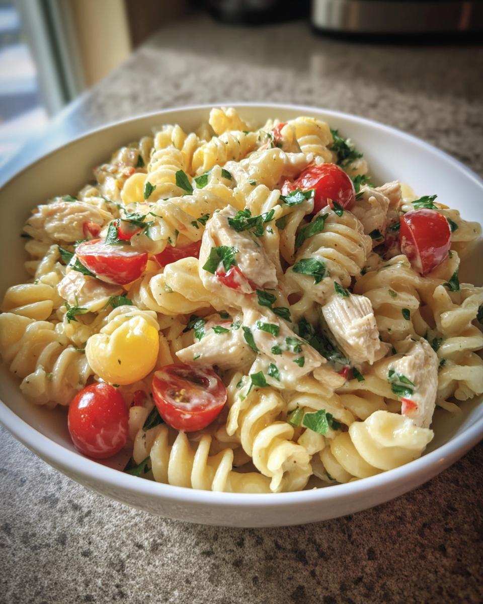 A bowl of Delicious Pasta Salad With Chicken, featuring rotini pasta, shredded chicken, cherry tomatoes, and fresh parsley.