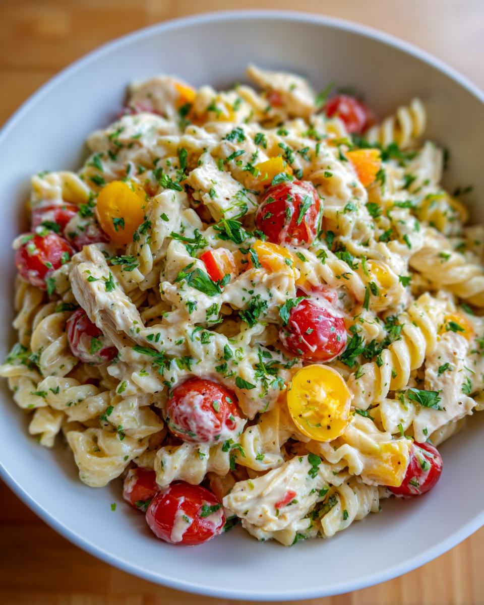 A bowl of delicious pasta salad with chicken, cherry tomatoes, and fresh parsley, perfect for summer gatherings.