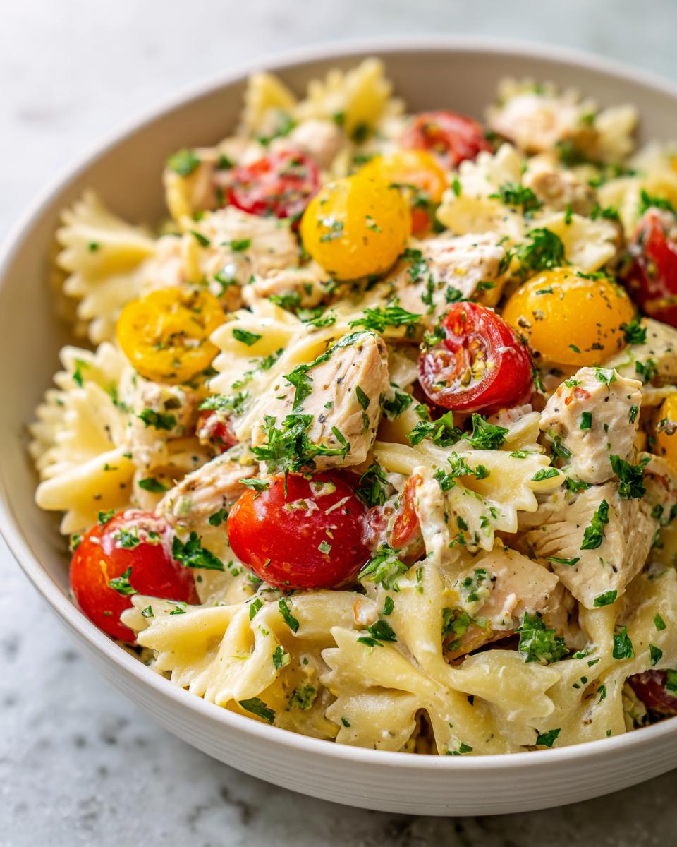 Close-up of a bowl of delicious pasta salad with chicken, cherry tomatoes, and herbs.