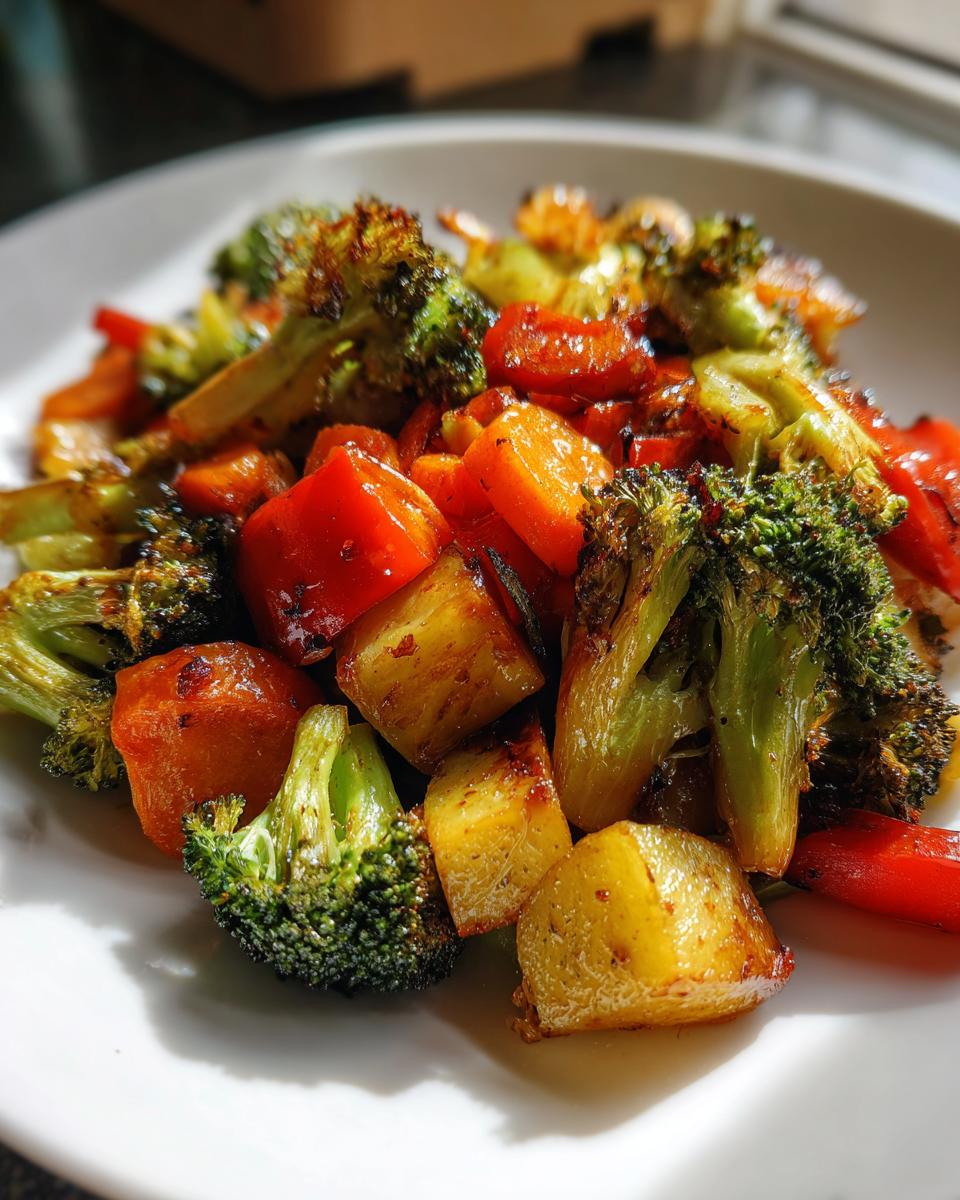 Close-up of a white plate filled with delicious roasted vegetables, including broccoli florets, diced carrots, and red bell peppers.