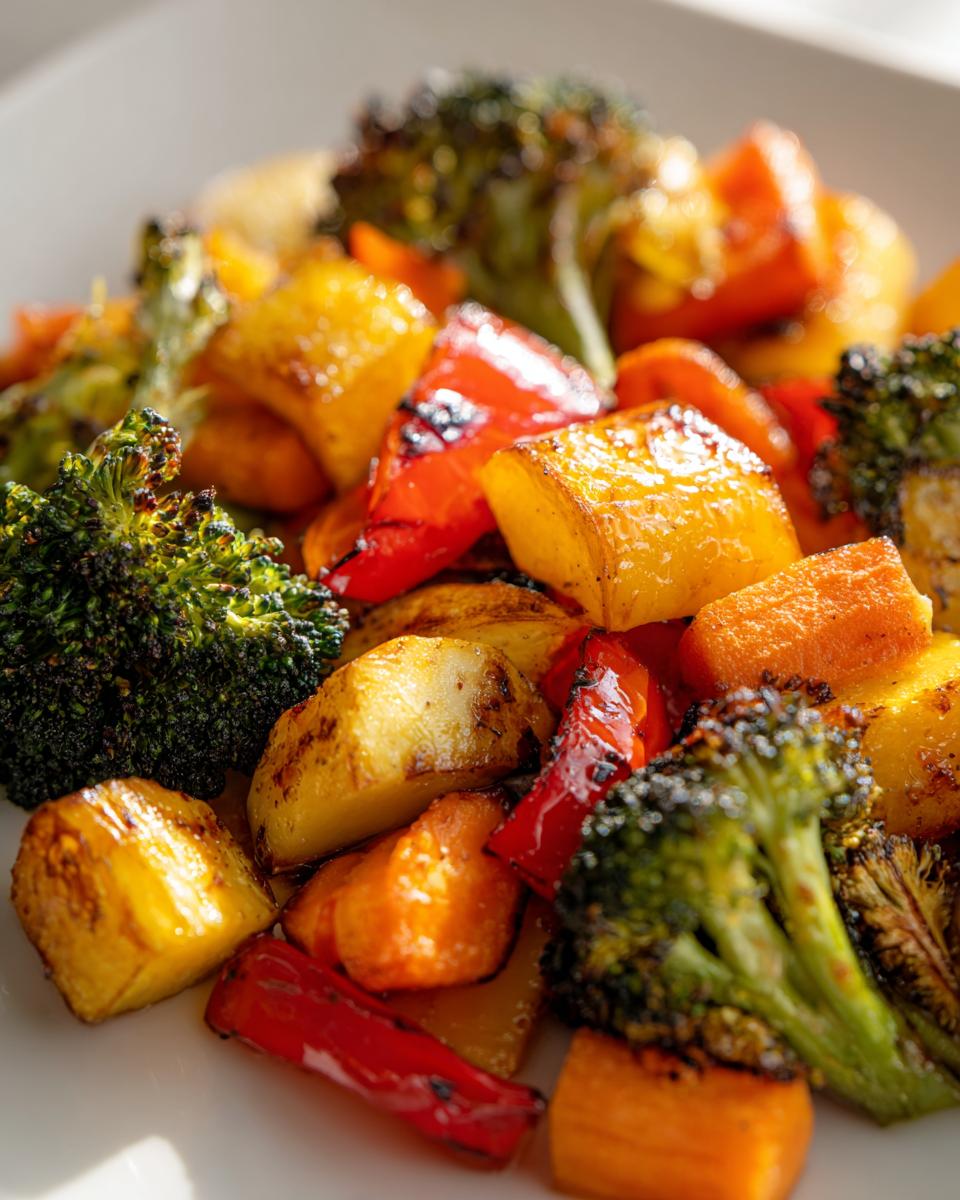 Close-up of a pile of delicious roasted vegetables including broccoli, carrots, potatoes, and red peppers.
