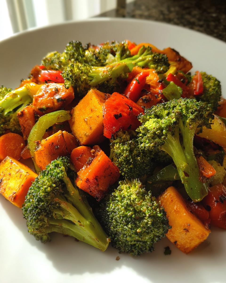 Close-up of a plate filled with delicious roasted vegetables including broccoli, sweet potato, and bell peppers.