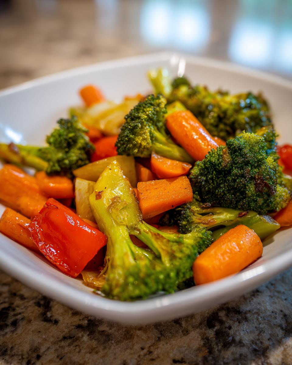 A white bowl filled with delicious roasted vegetables including broccoli, carrots, and red peppers.