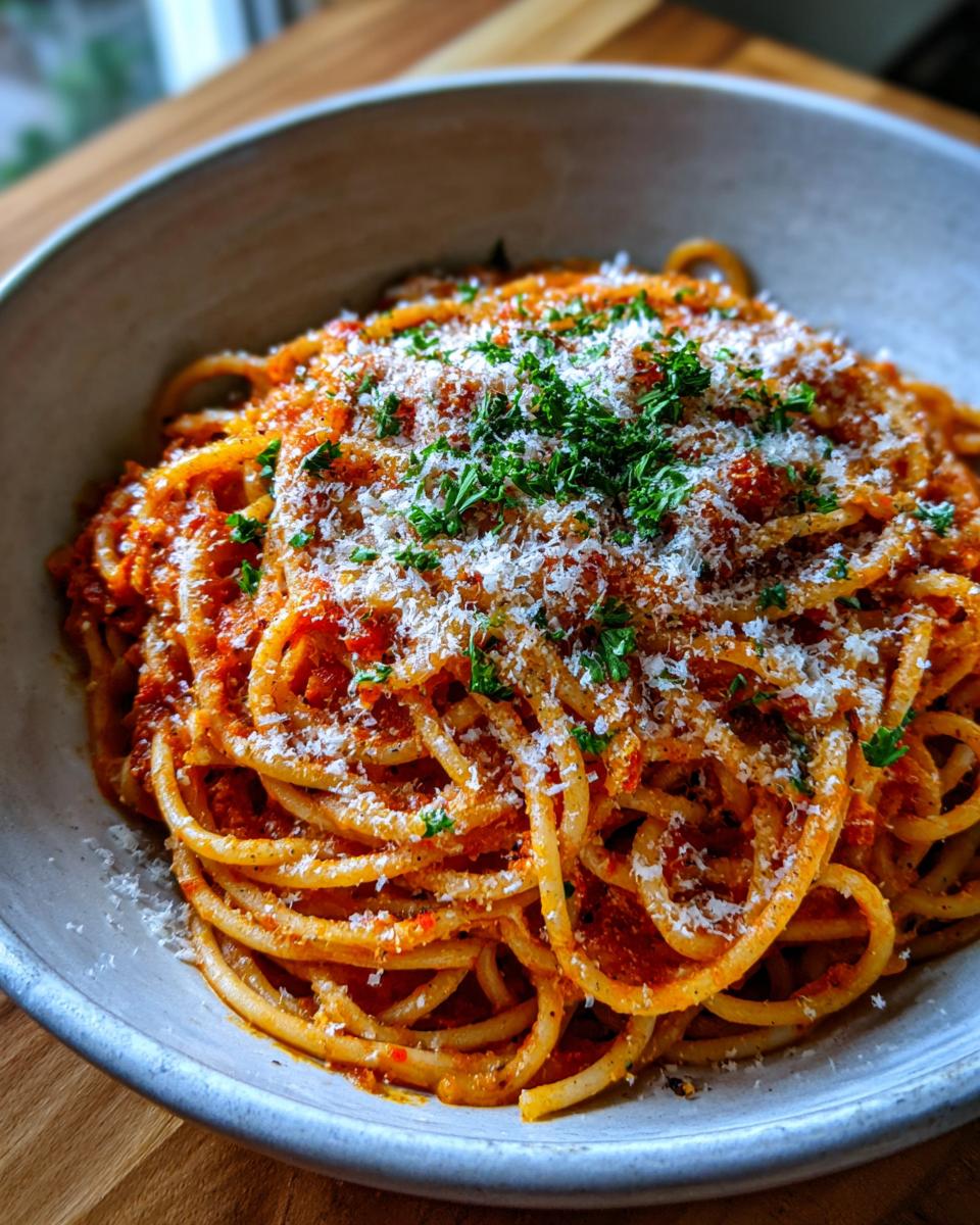 A close-up of a bowl of spaghetti with rich tomato sauce, topped with grated Parmesan cheese and fresh parsley.