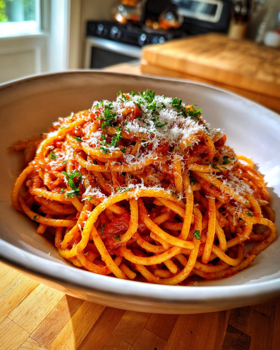 A close-up of a bowl filled with delicious spaghetti, coated in rich tomato sauce and topped with grated Parmesan cheese and fresh parsley.