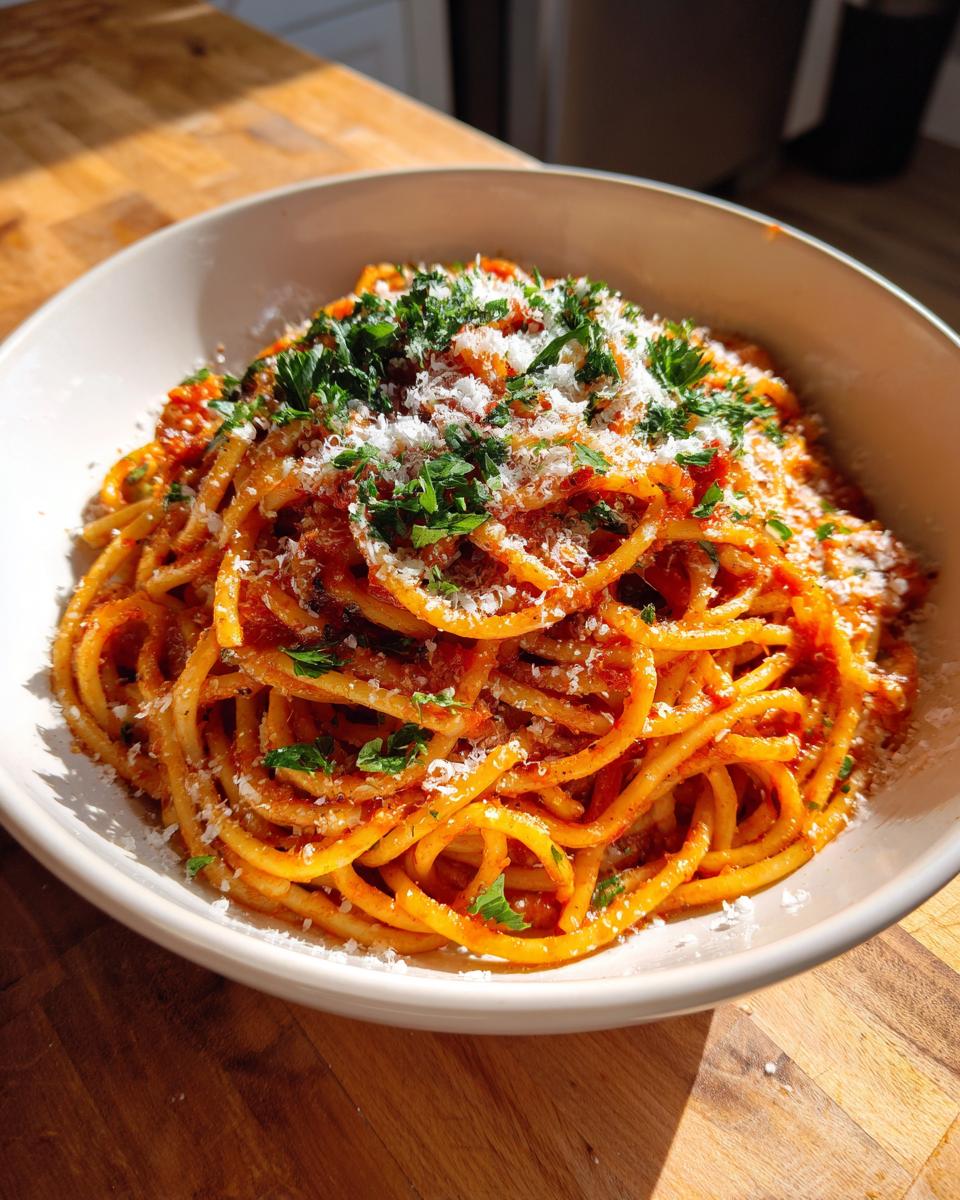 A close-up of a bowl filled with spaghetti coated in rich tomato sauce, topped with fresh parsley and grated Parmesan cheese.