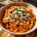 A close-up of a bowl filled with delicious spaghetti, coated in a rich tomato sauce and topped with grated Parmesan cheese and fresh parsley.
