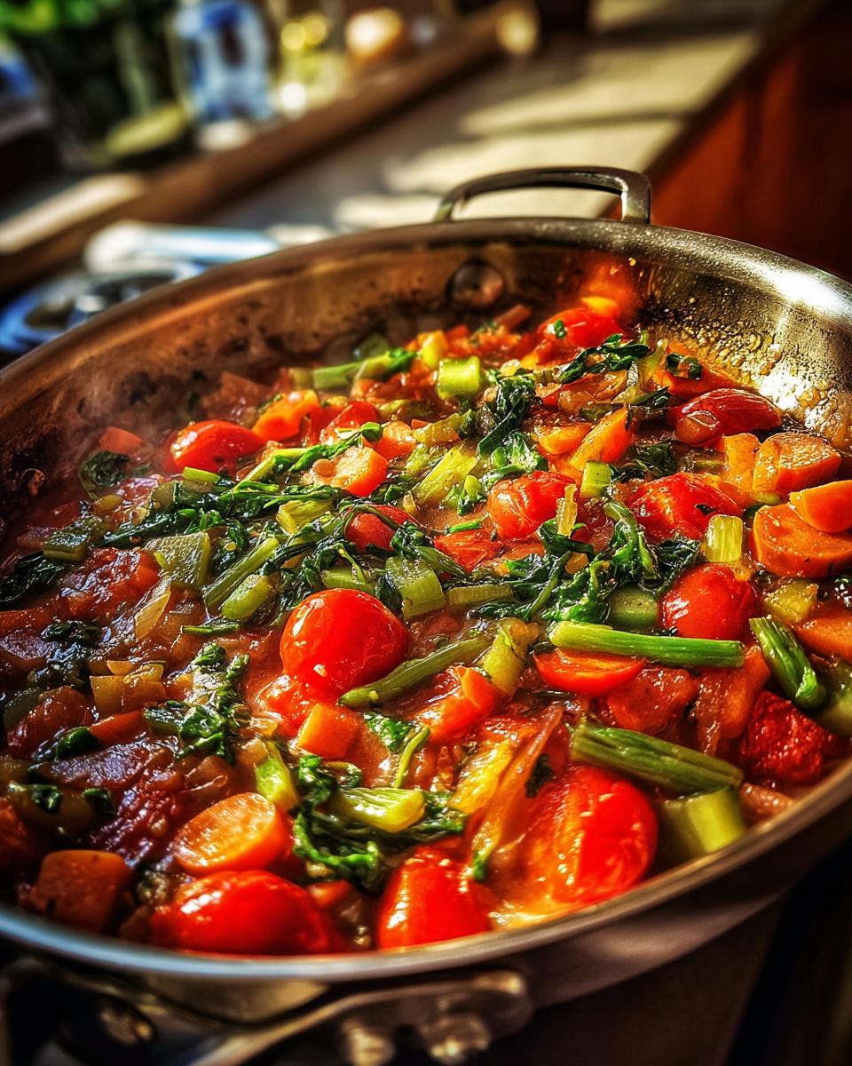 Close-up of a skillet filled with Delicious Summer Dinner Sausage and Veggies, featuring cherry tomatoes, carrots, and greens.