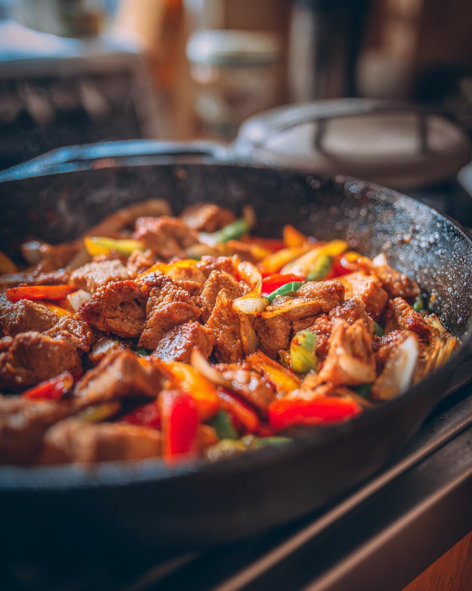 A close-up of a cast-iron skillet filled with sizzling sausage and colorful bell peppers and onions.