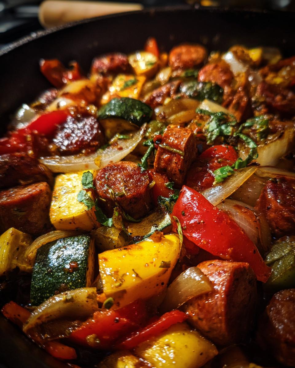 Close-up of a Delicious Summer Dinner Sausage and Veggies Skillet with colorful bell peppers, zucchini, onions, and sausage.