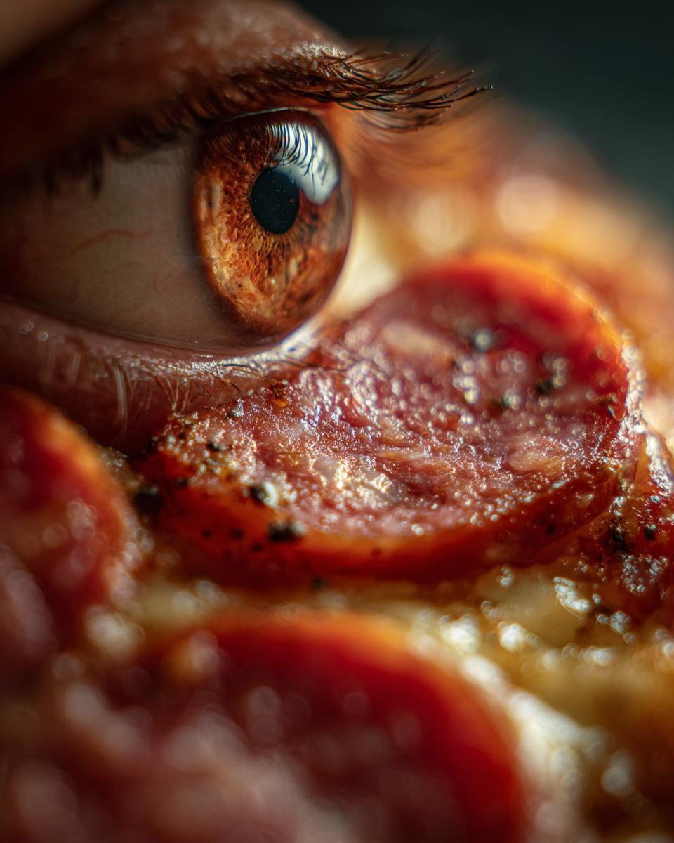 Close-up of a human eye reflecting a Delicious Summer Dinner Sausage and Veggies Skillet.