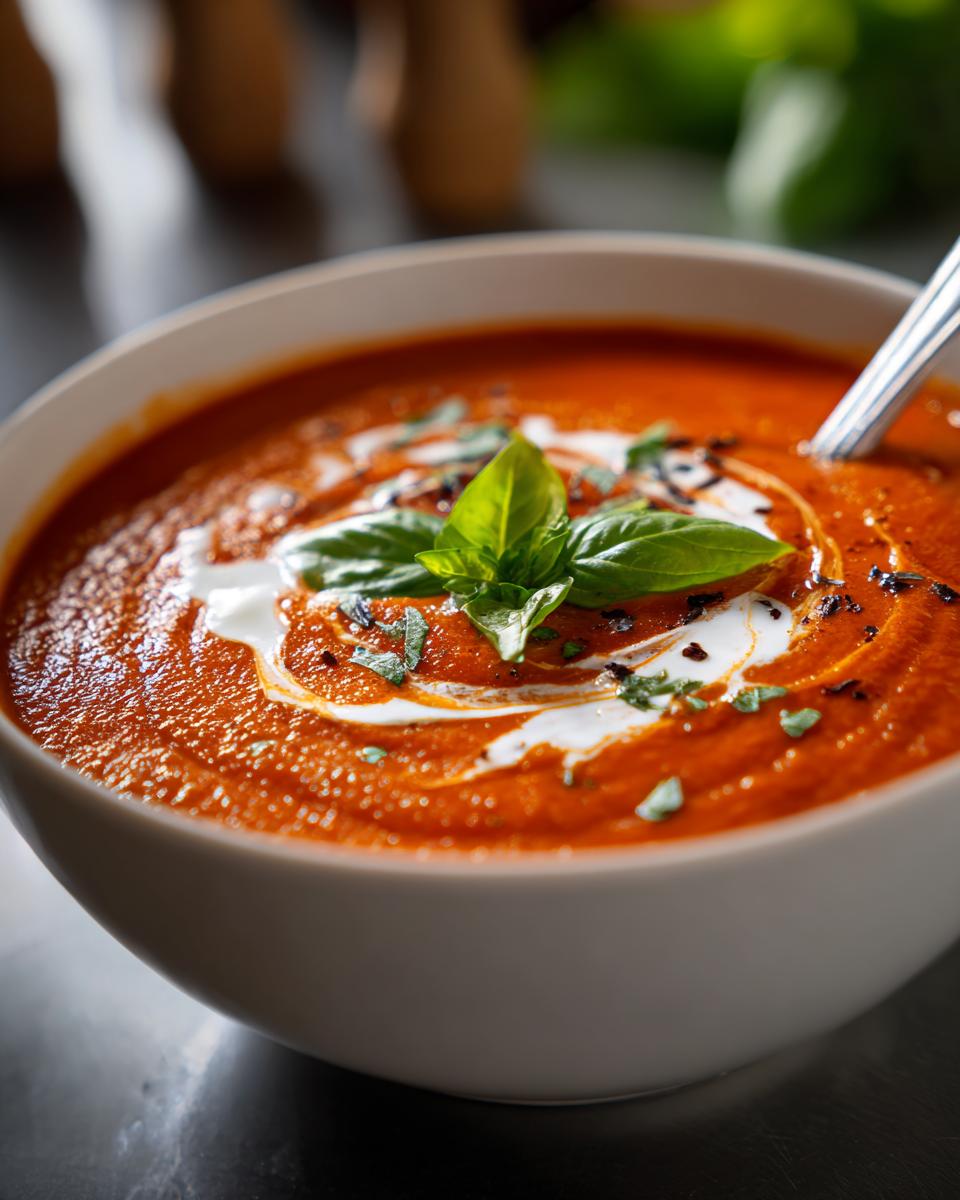 A close-up of a bowl of delicious tomato basil soup, swirled with cream and garnished with fresh basil leaves.