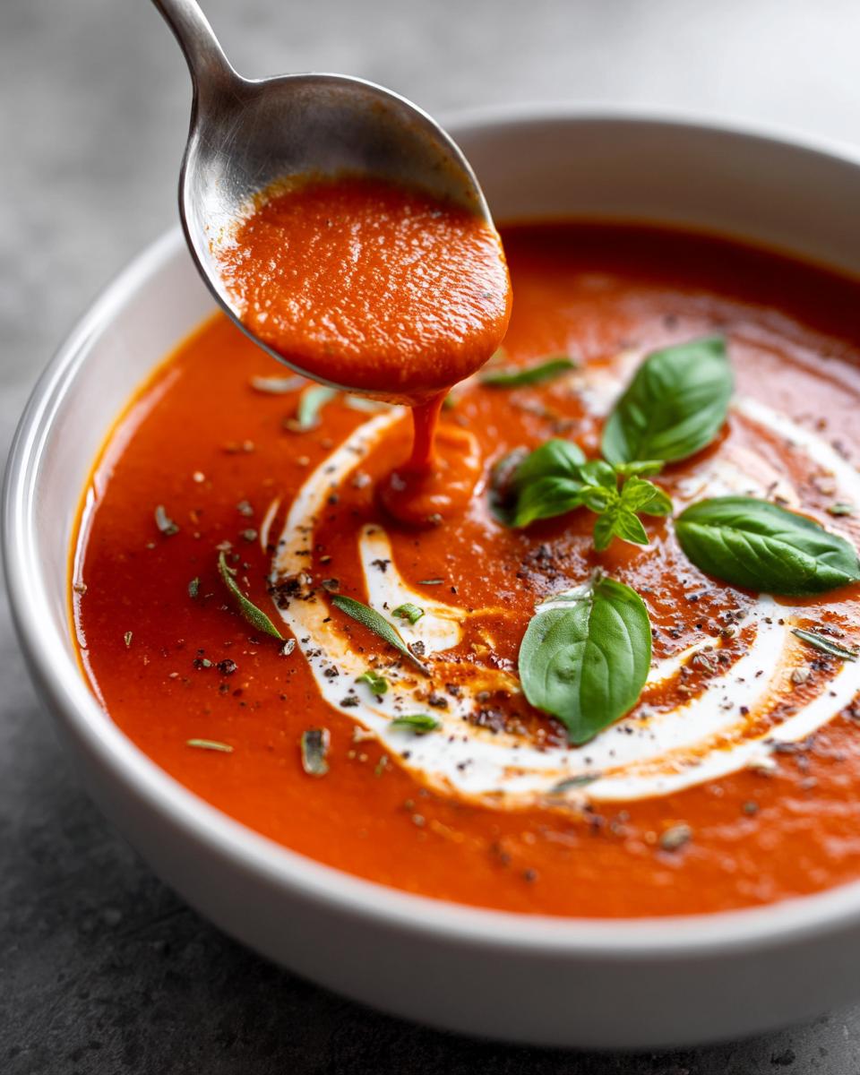 A spoonful of delicious tomato basil soup being poured into a bowl, garnished with cream swirl and fresh basil.