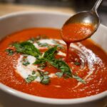 A spoonful of delicious tomato basil soup is drizzled into a bowl, garnished with fresh basil and a swirl of cream.