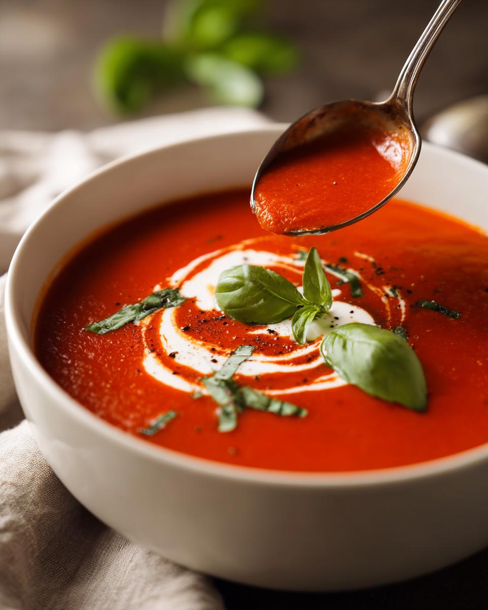 A spoonful of delicious tomato basil soup being lifted from a bowl, garnished with cream and fresh basil leaves.