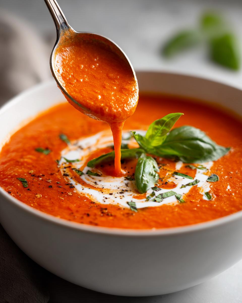 A spoonful of rich, creamy tomato basil soup being poured into a white bowl, garnished with fresh basil leaves and a swirl of cream.