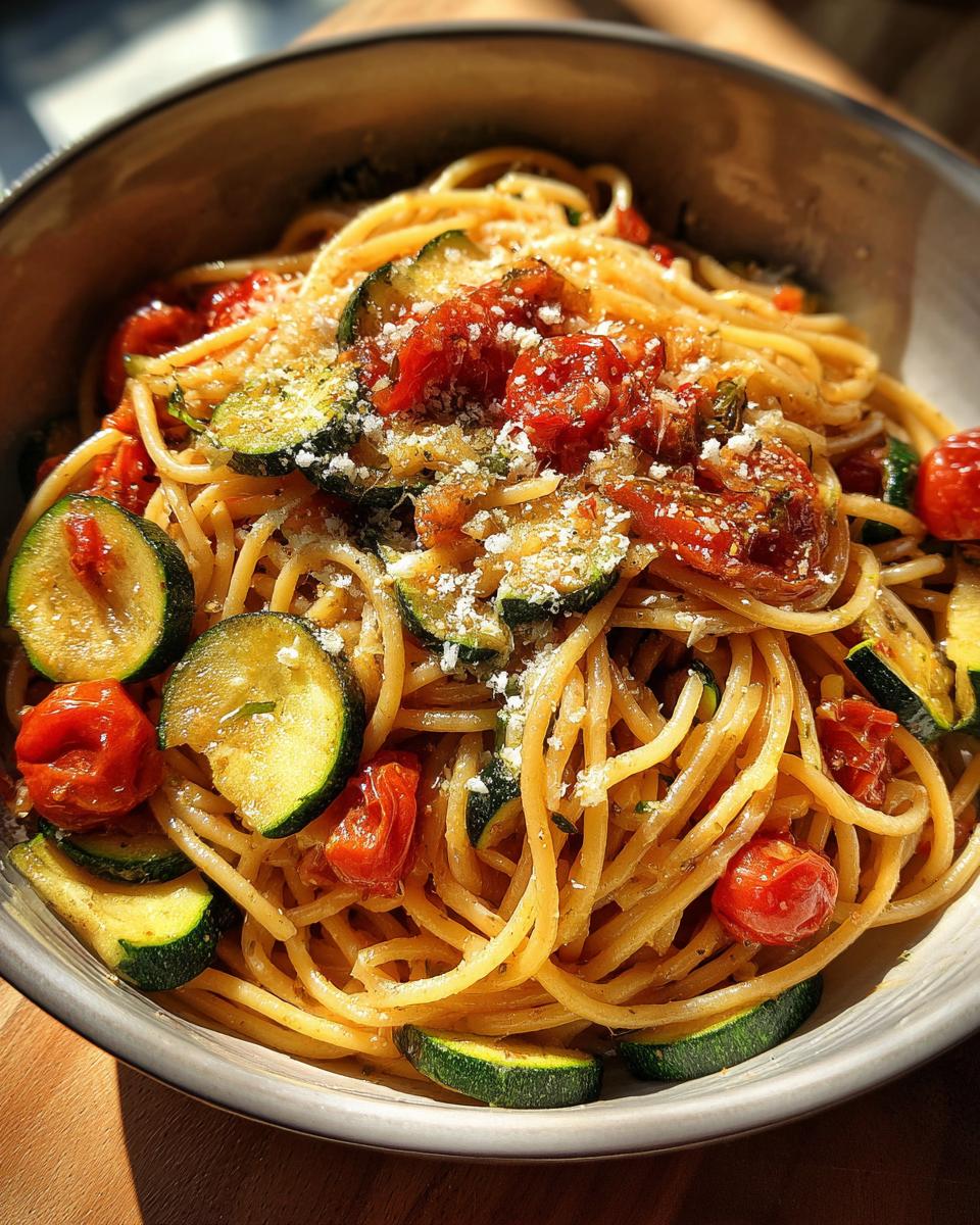 A close-up of a bowl of Delicious Tomato Zucchini Pasta, featuring spaghetti, cherry tomatoes, and zucchini slices, topped with grated cheese.