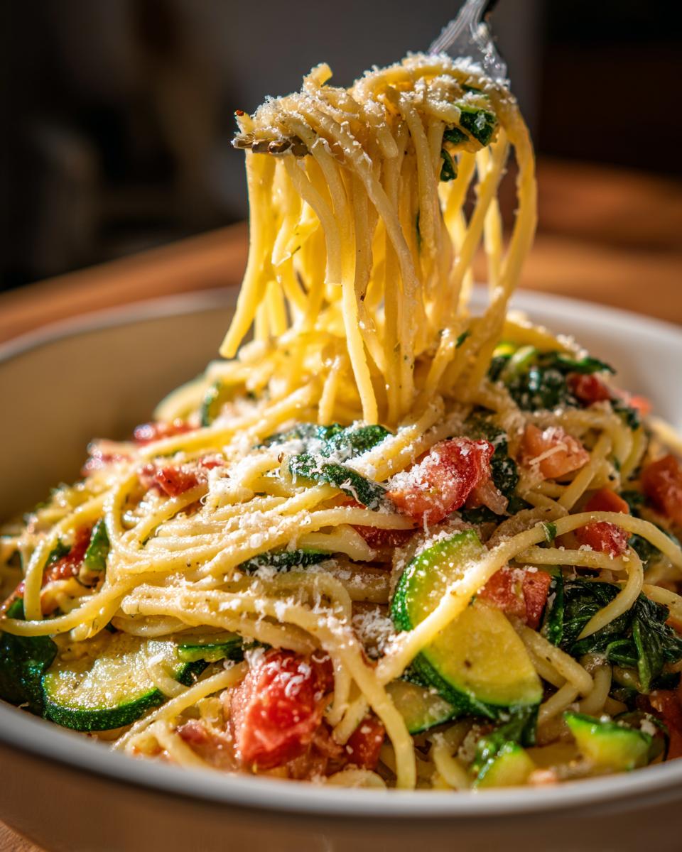 A fork twirls a generous portion of Delicious Tomato Zucchini Pasta, showcasing fresh zucchini, tomatoes, and herbs, topped with grated cheese.