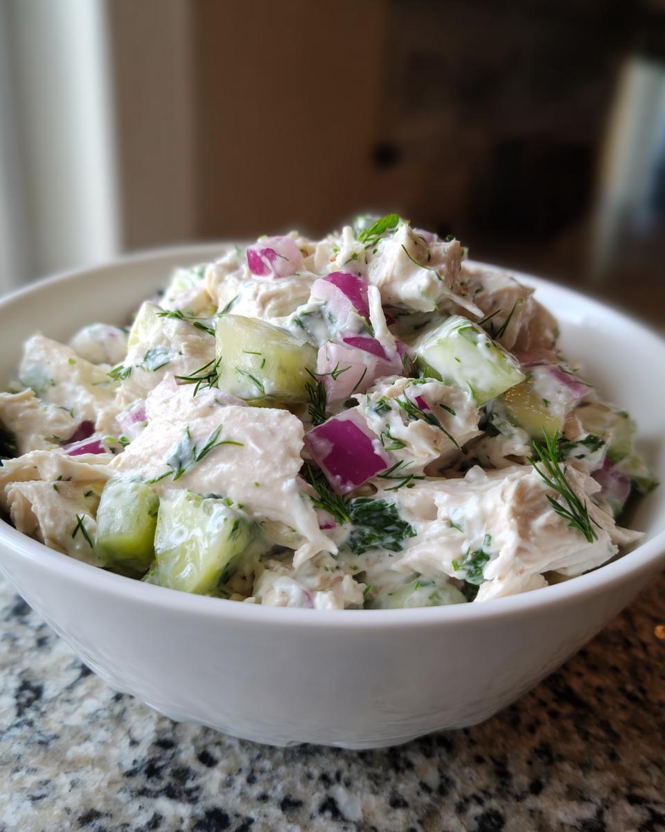 A close-up of a white bowl filled with Delicious Tzatziki Chicken Salad, featuring chicken, cucumber, red onion, and dill.