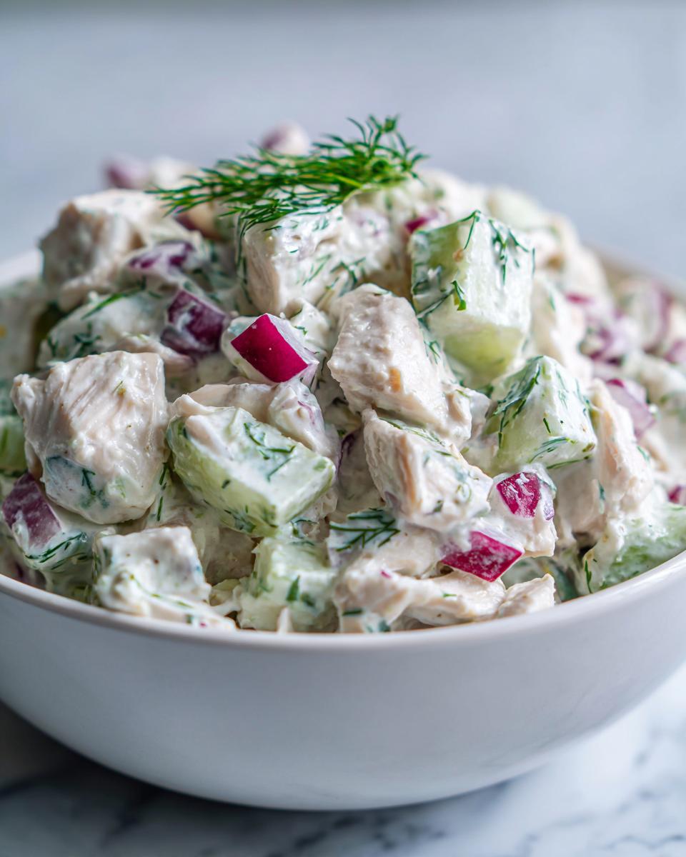 A close-up of Delicious Tzatziki Chicken Salad in a white bowl, featuring chunks of chicken, cucumber, red onion, and dill.