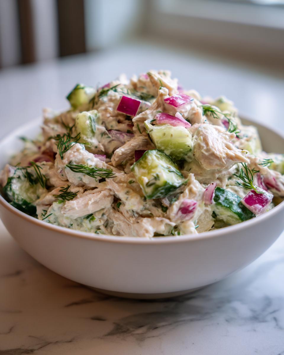 A close-up of a white bowl filled with Delicious Tzatziki Chicken Salad, featuring shredded chicken, cucumber, red onion, and dill.