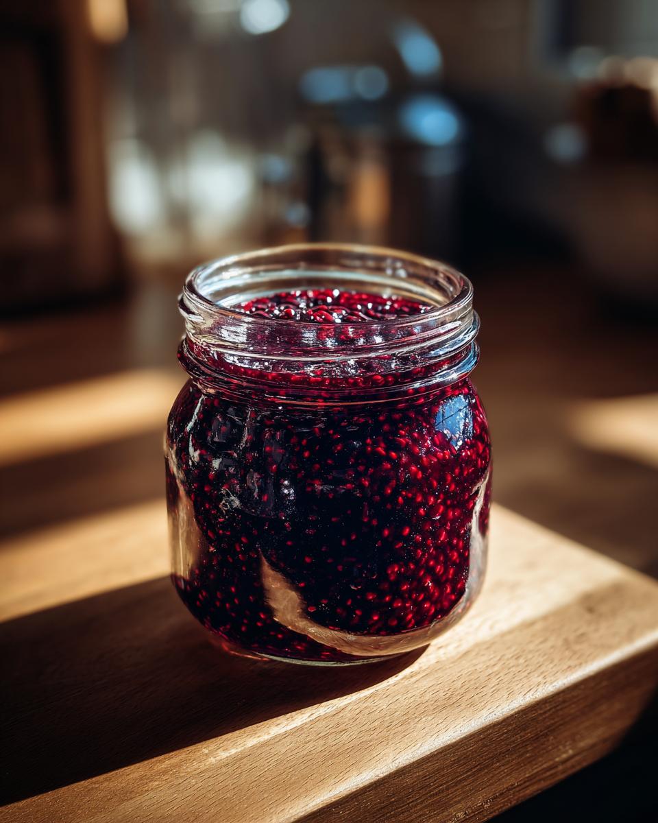 A close-up of a glass jar filled with glistening, homemade blackberry jam, perfect for a delightful blackberry jam recipe.