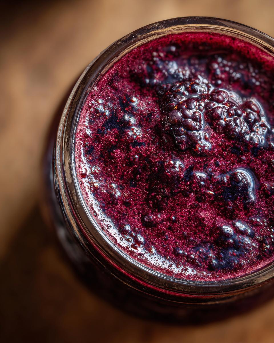 Close-up overhead view of a jar filled with glistening, homemade Delightful Blackberry Jam Recipe.