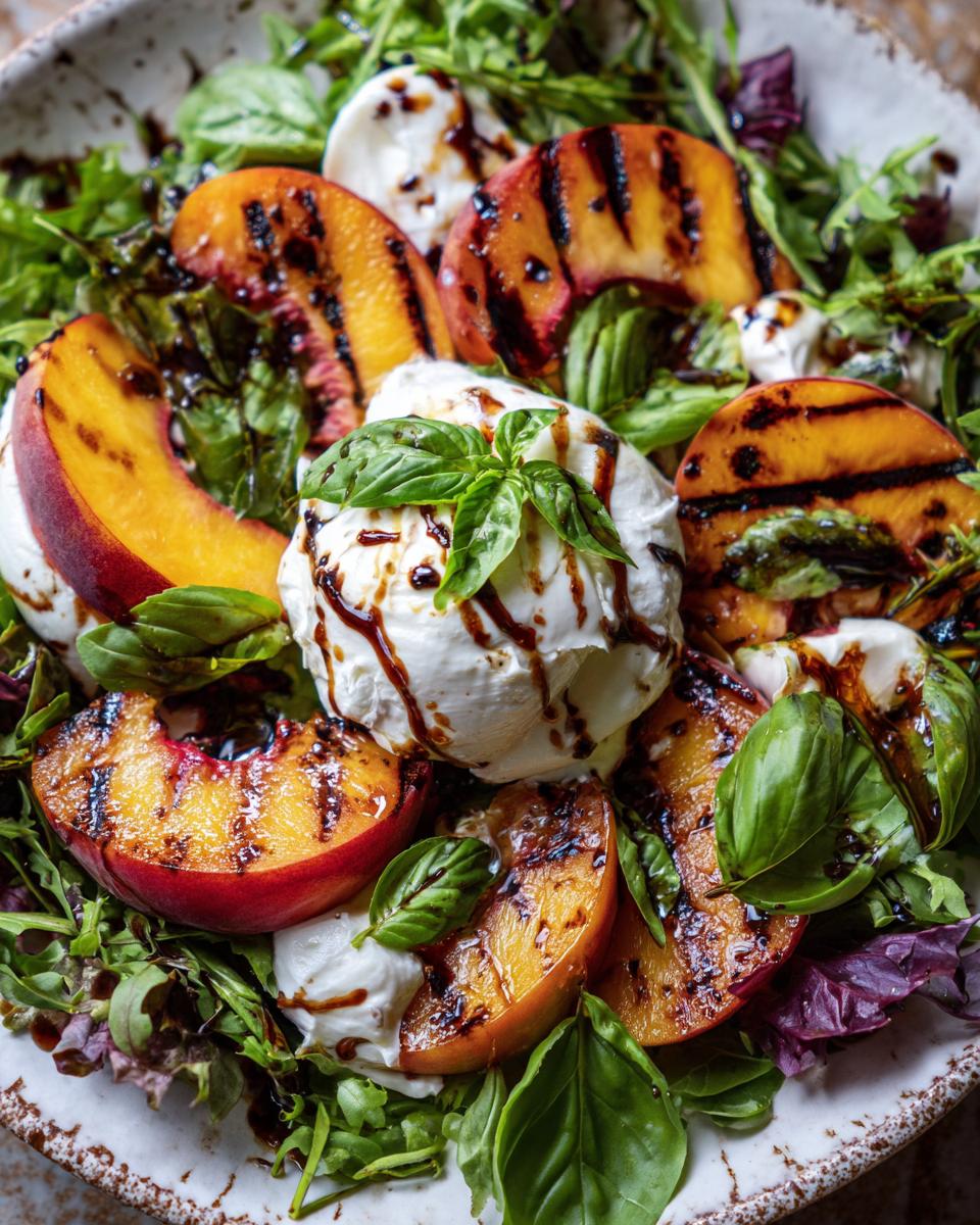 Close-up of a Delightful Grilled Peach Burrata Salad with fresh basil and balsamic glaze.