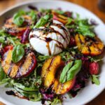 A close-up of a Delightful Grilled Peach Burrata Salad with fresh basil and balsamic glaze.