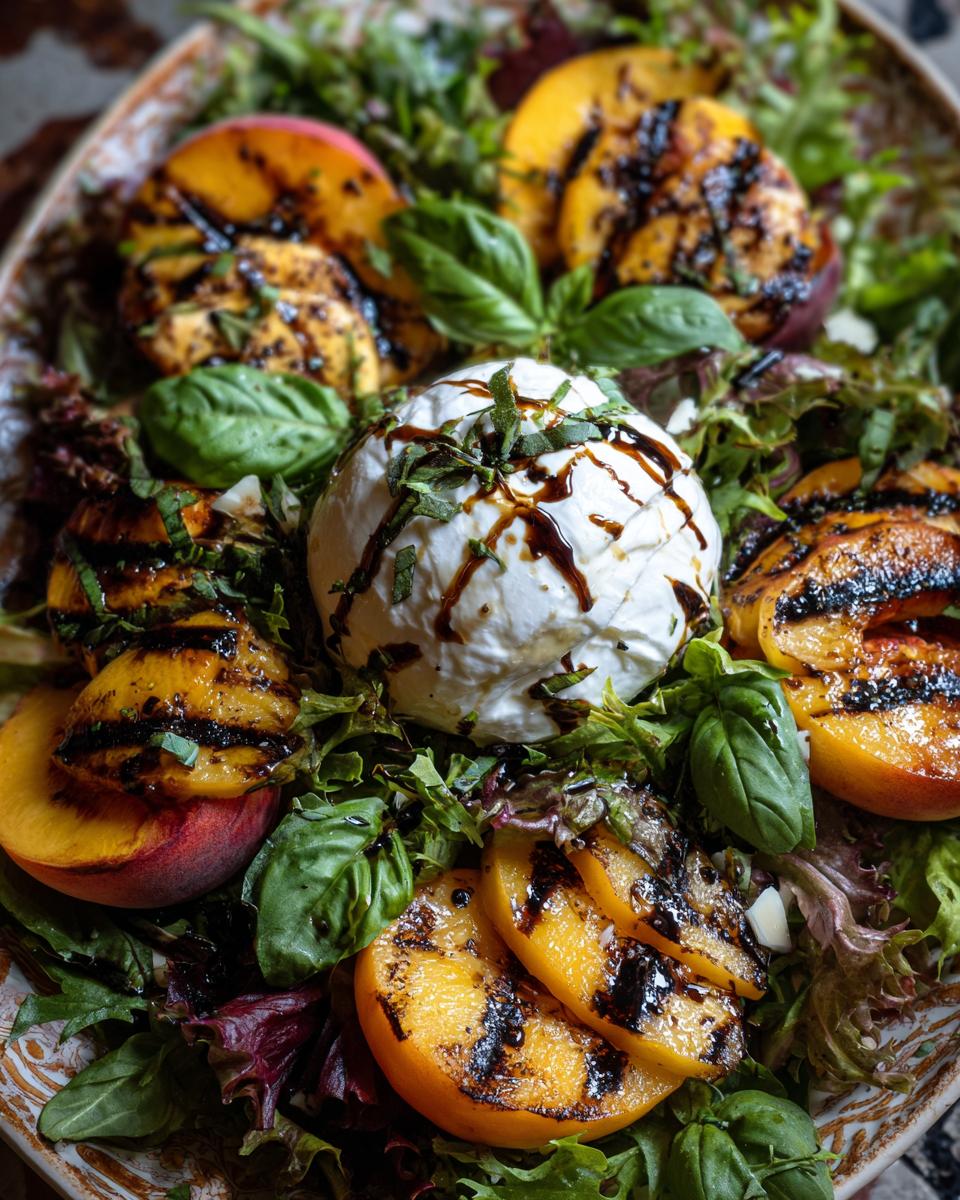 A close-up of a Delightful Grilled Peach Burrata Salad with fresh greens, grilled peach slices, burrata cheese, and balsamic glaze.