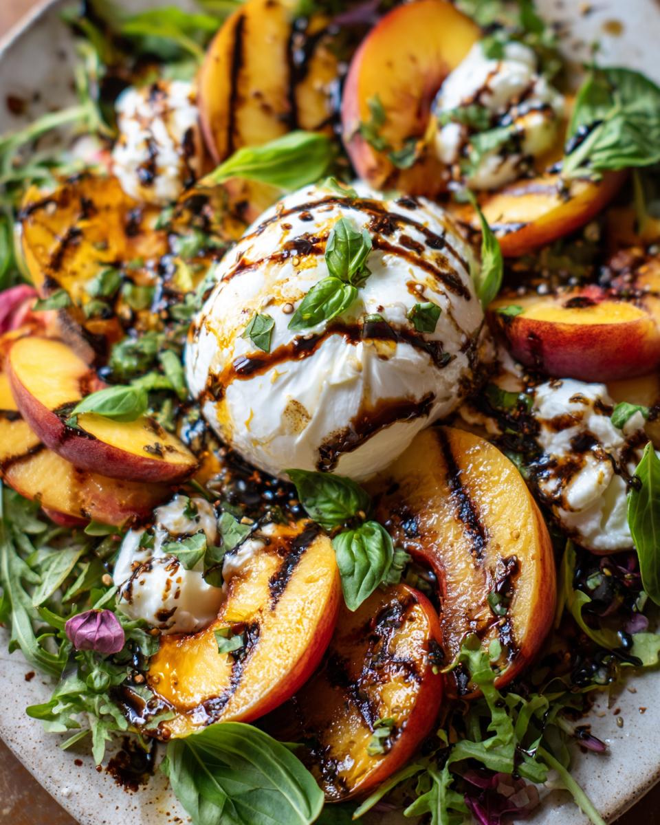 A close-up of a Delightful Grilled Peach Burrata Salad, featuring grilled peach slices, creamy burrata cheese, and fresh basil.