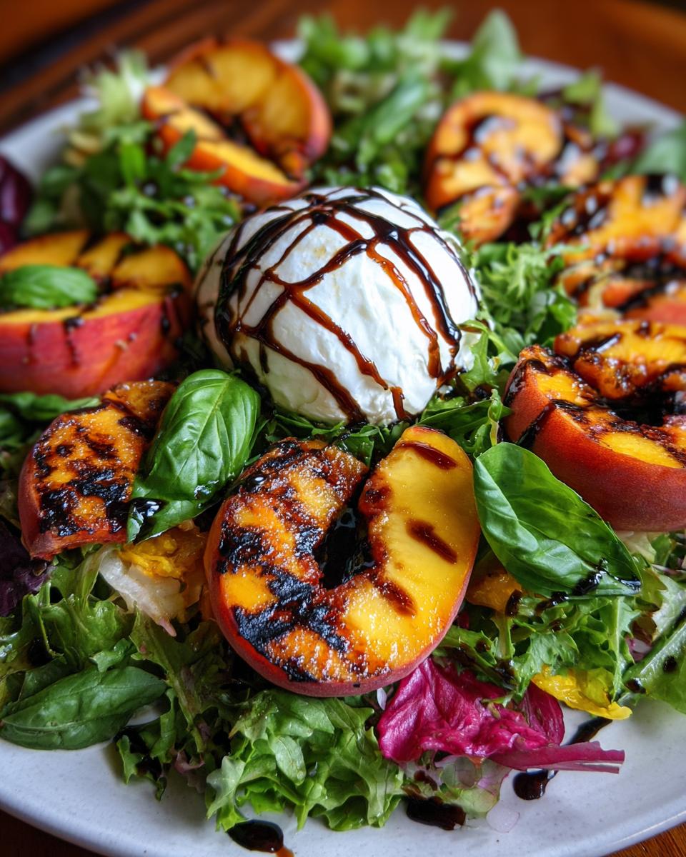 A close-up of a Delightful Grilled Peach Burrata Salad with fresh greens, grilled peaches, burrata cheese, and balsamic glaze.
