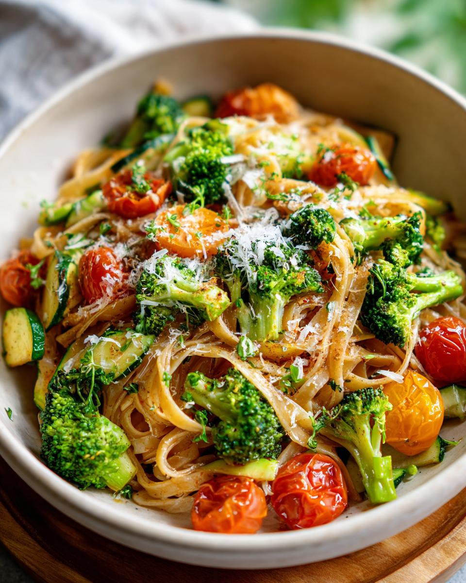 A close-up of Delightful Pasta Primavera, featuring fettuccine noodles with broccoli florets, cherry tomatoes, and zucchini slices, topped with grated Parmesan.