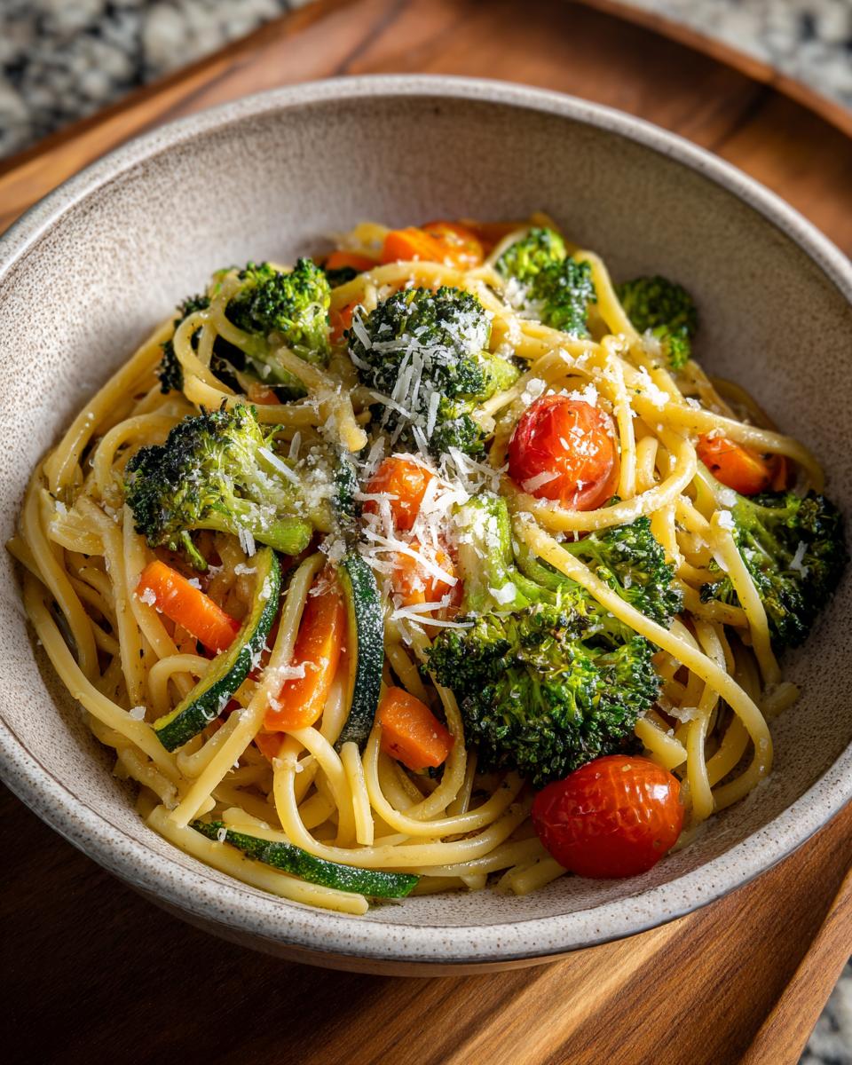 A close-up of Delightful Pasta Primavera with linguine, broccoli, cherry tomatoes, carrots, and zucchini, topped with grated Parmesan.