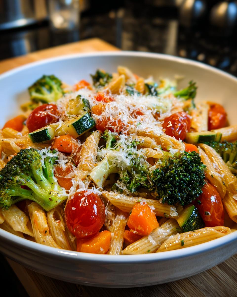 A close-up of a bowl of Delightful Pasta Primavera, featuring penne pasta, broccoli, cherry tomatoes, zucchini, and carrots, topped with grated cheese.