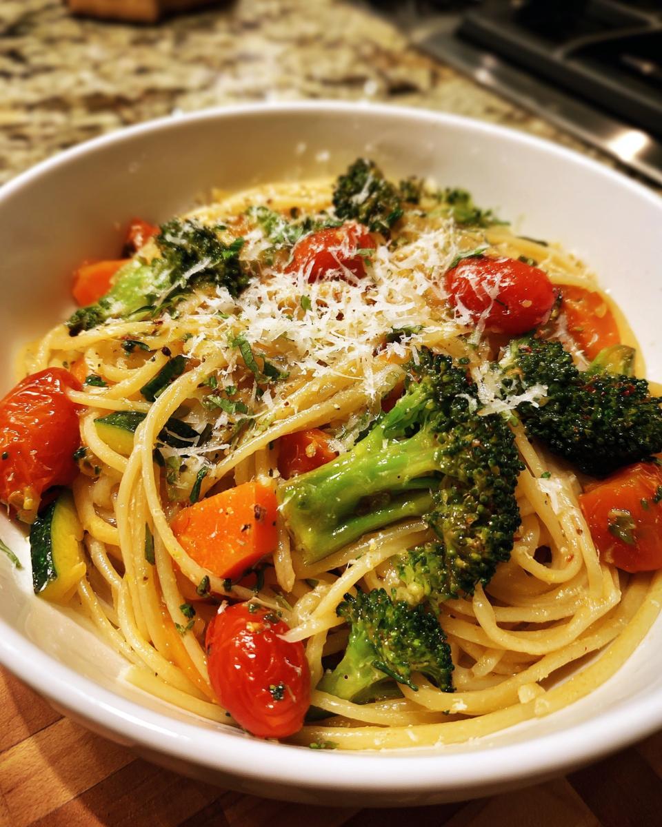 A bowl of Delightful Pasta Primavera, featuring spaghetti, broccoli, cherry tomatoes, zucchini, and carrots, topped with grated cheese and herbs.