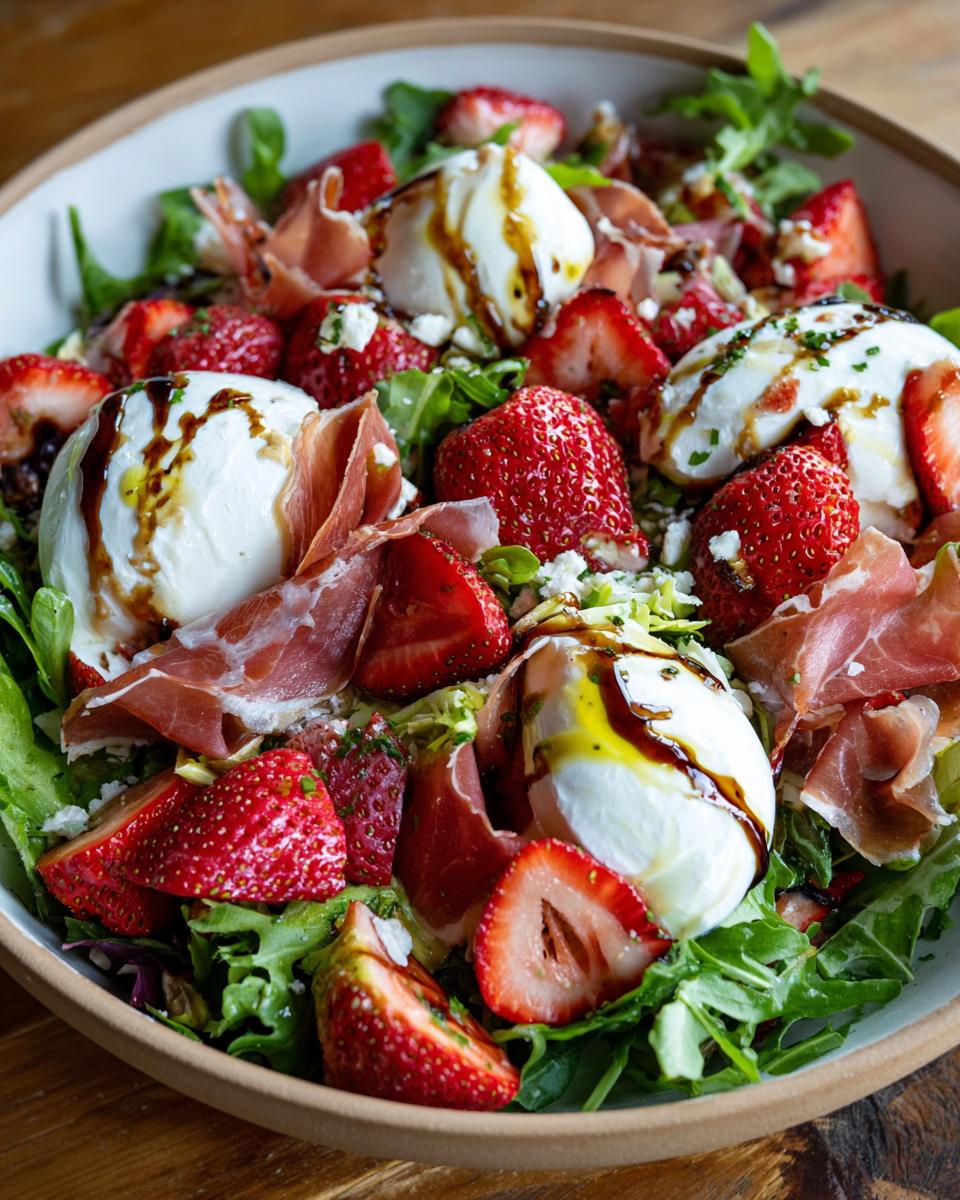 A close-up of a Delightful Prosciutto Strawberry Burrata Salad with fresh strawberries, creamy burrata cheese, prosciutto, and greens.