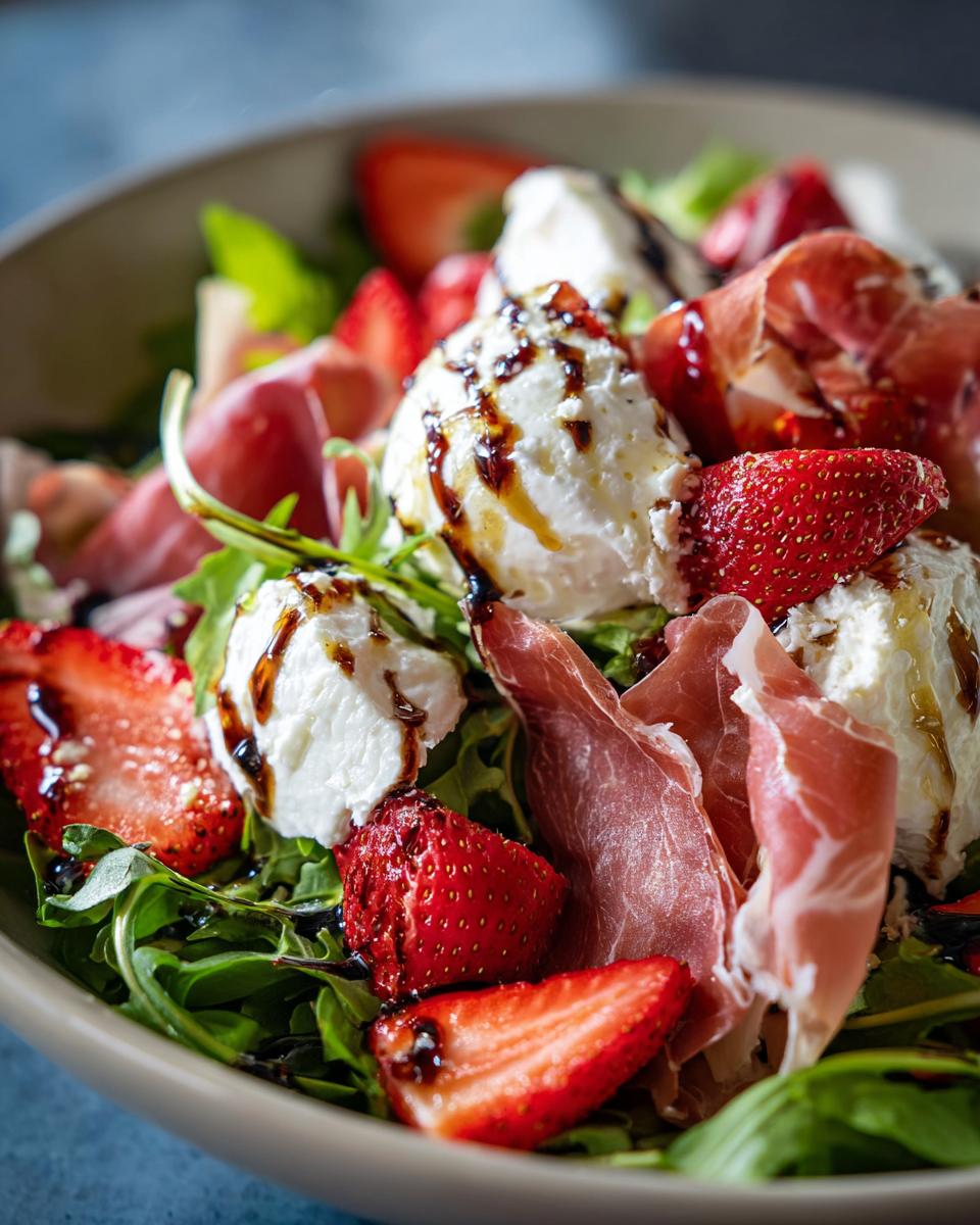 Close-up of a Delightful Prosciutto Strawberry Burrata Salad with fresh strawberries, creamy burrata cheese, and prosciutto.