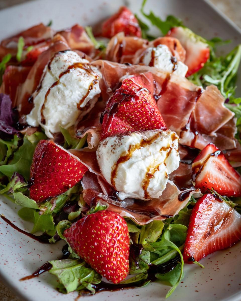 Close-up of a Delightful Prosciutto Strawberry Burrata Salad with fresh strawberries, creamy burrata cheese, and prosciutto.