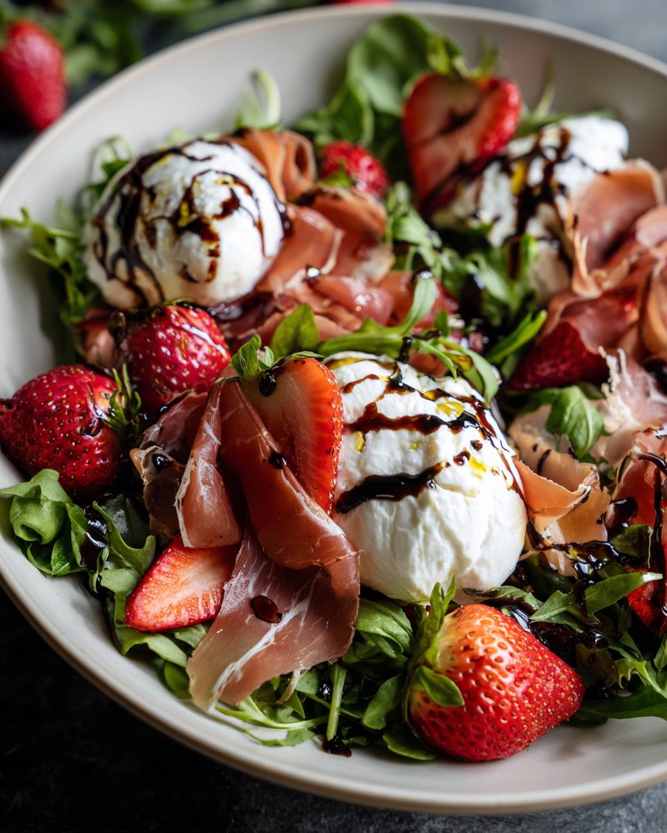 Close-up of a Delightful Prosciutto Strawberry Burrata Salad with fresh strawberries, prosciutto, burrata cheese, and arugula, drizzled with balsamic glaze.