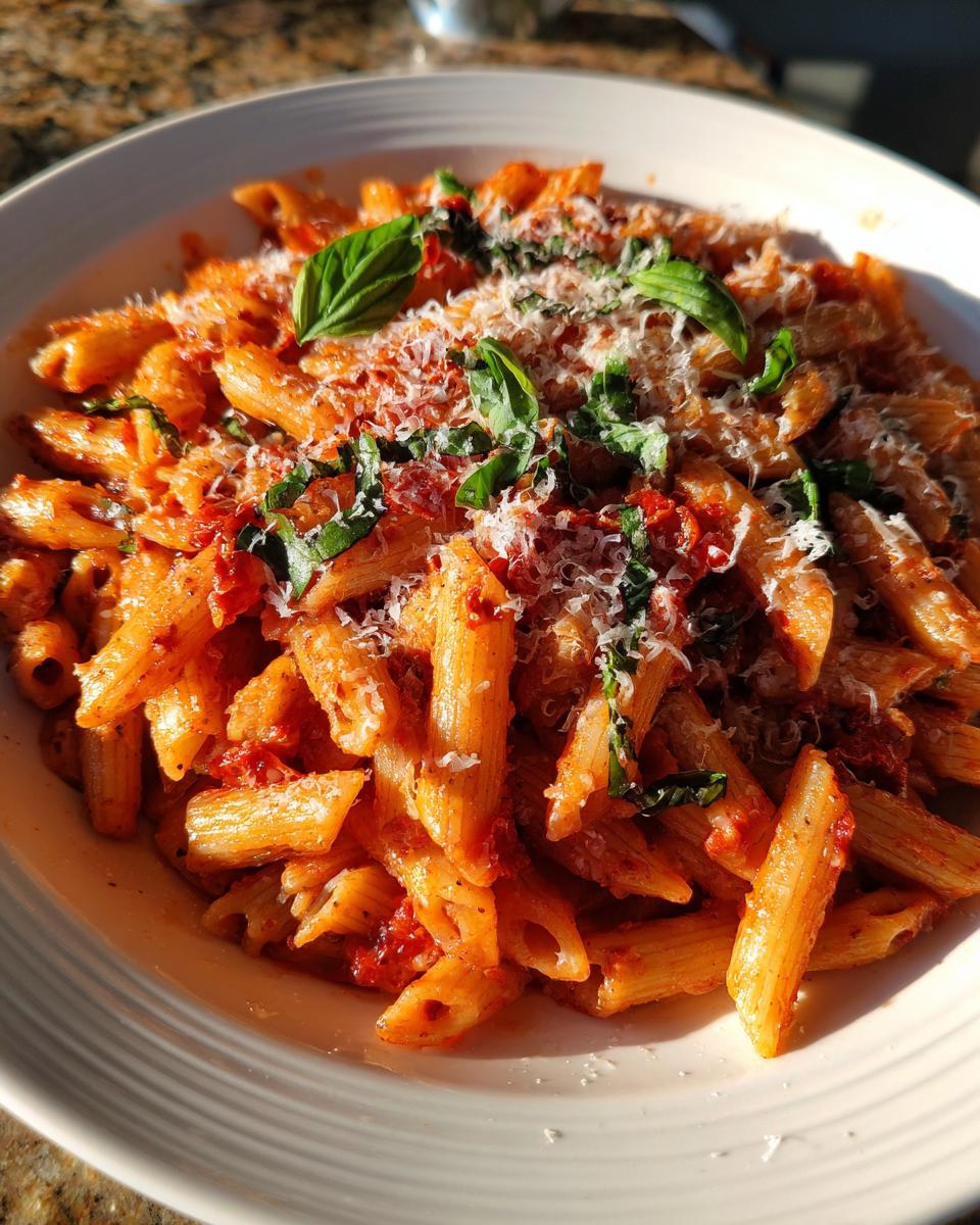 A close-up of a bowl of penne pasta coated in a rich red sauce with sun-dried tomatoes, garnished with fresh basil and grated Parmesan cheese.