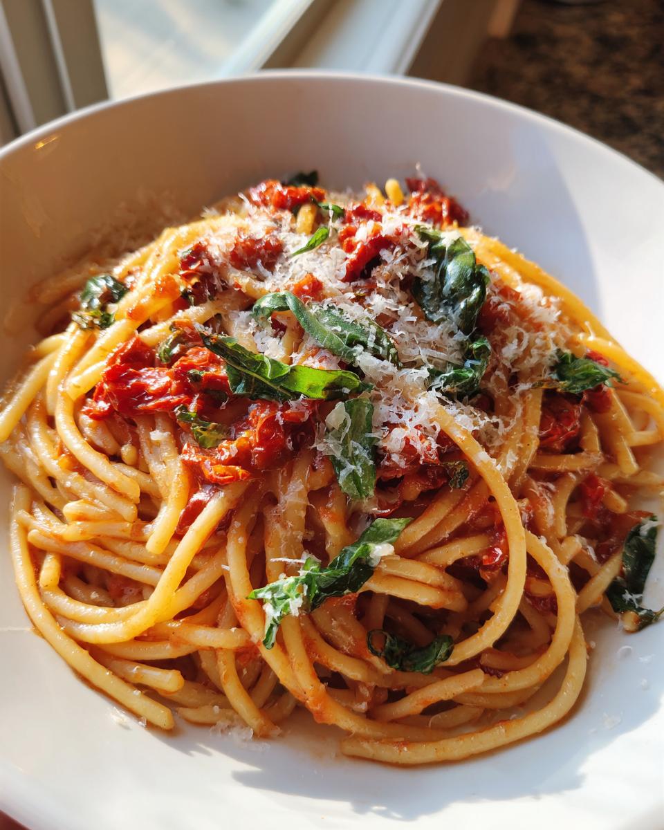 A close-up of a bowl of Delightful Sun Dried Tomato Pasta, topped with fresh basil and grated Parmesan cheese.