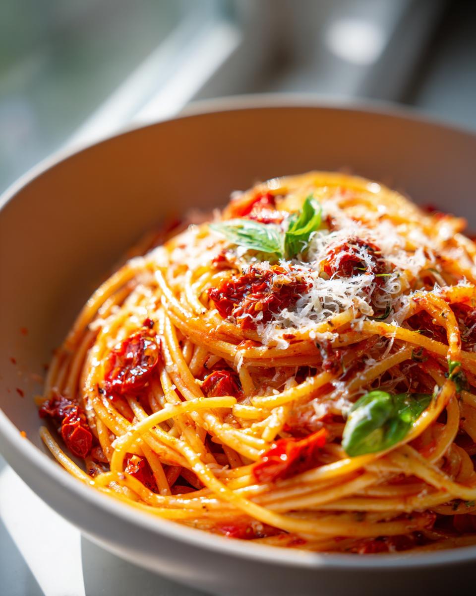 A close-up of a bowl of spaghetti with sun-dried tomatoes and basil, a Delightful Sun Dried Tomato Pasta Recipe.