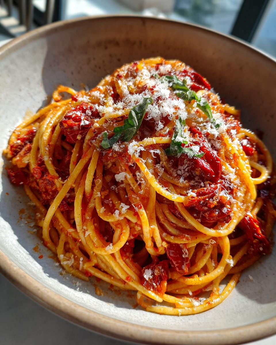 A close-up of a bowl of spaghetti with a rich sun-dried tomato sauce and grated parmesan cheese.