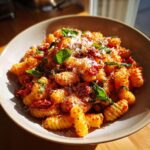 A close-up of a bowl filled with Delightful Sun Dried Tomato Pasta, garnished with fresh basil and grated cheese.