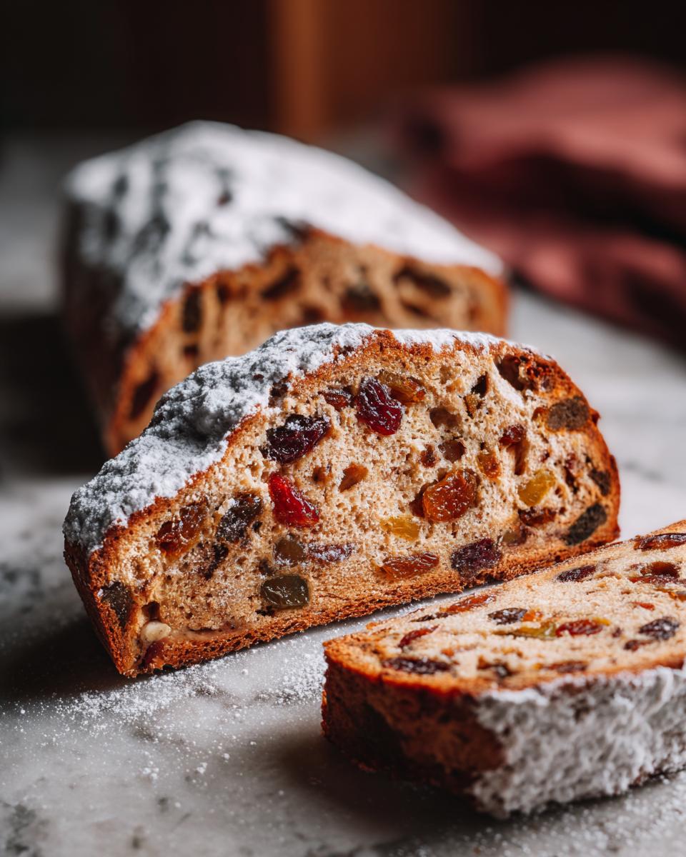 Close-up van een gesneden Duitse Kerststol, rijkelijk gevuld met gedroogd fruit en bestrooid met poedersuiker.