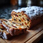 Een gesneden Duitse Kerststol, rijkelijk bestrooid met poedersuiker en gevuld met gedroogd fruit.