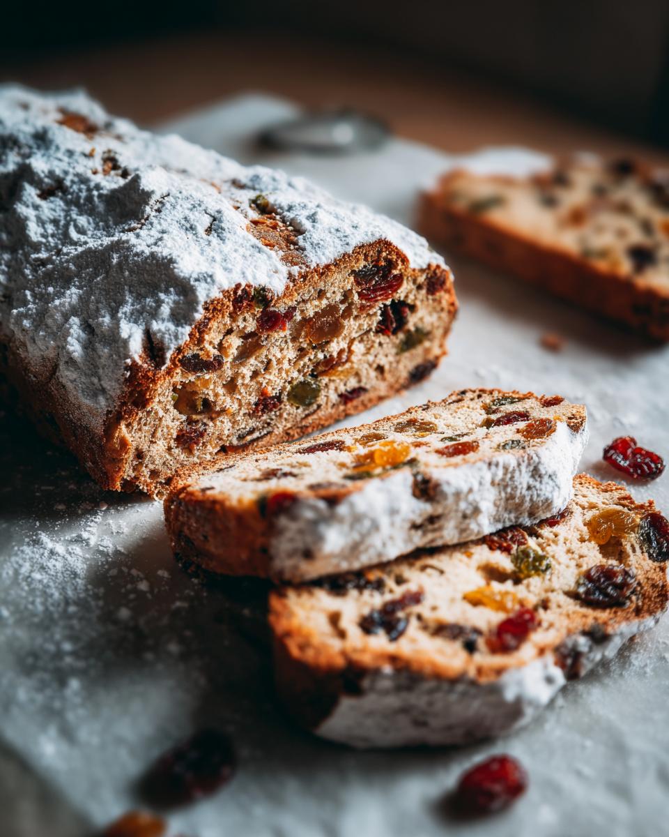 Een heerlijke Duitse Kerststol, bestrooid met poedersuiker en gevuld met rozijnen en gedroogd fruit.